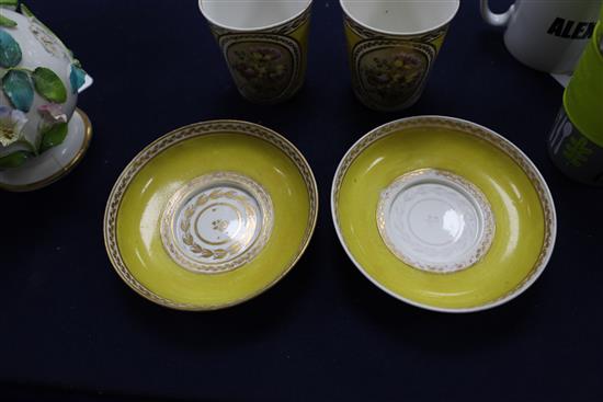 A pair of Derby Pinxton/Mansfield porcelain chocolate cups and saucers, c.1790-1800, cup 8.7cm high, saucer 14.2cm diameter